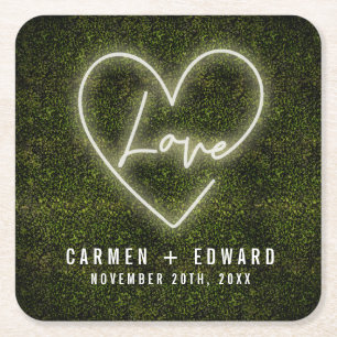 White Neon Sign Kärlek Heart Bröllop Underlägg Papper Kvadrat