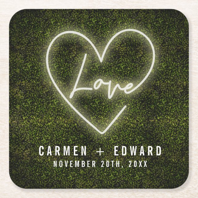 White Neon Sign Kärlek Heart Bröllop Underlägg Papper Kvadrat (Framsidan)