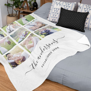 White Nine Photo Collage Family Namn Calligraphy Fleecefilt