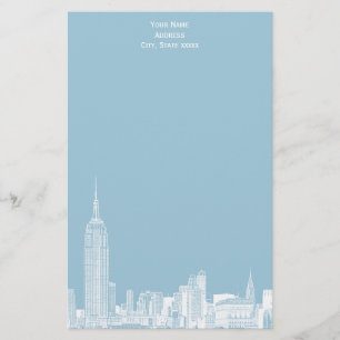 White NYC Skyline Etch 01 Stationery Lt Blue BG Brevpapper