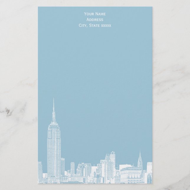 White NYC Skyline Etch 01 Stationery Lt Blue BG Brevpapper (Framsida)