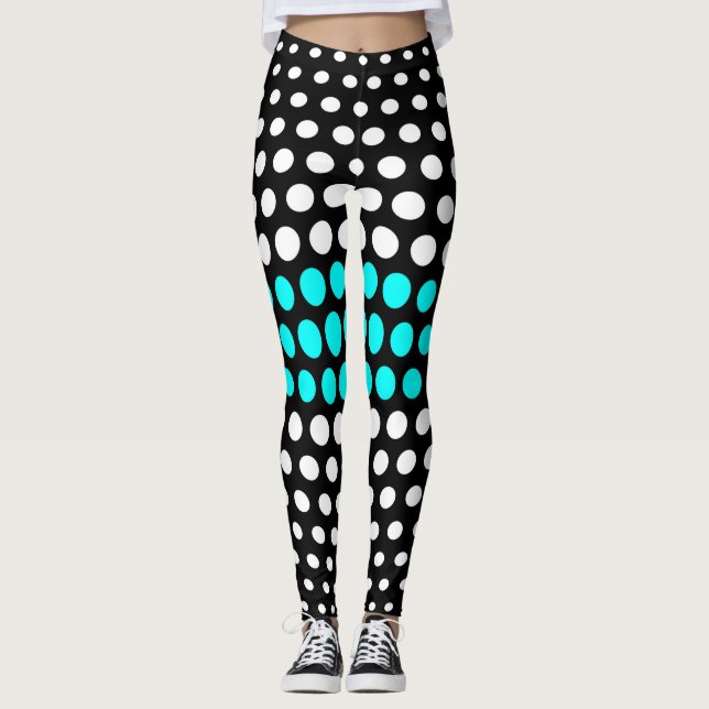 White och Cyan Polka Dot Mönster Leggings (Framsida)