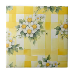 White och Gula blommor om Gult Farmhouse Check Kakelplatta