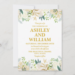 White och Guld Boho Bohemian Chic Greenery Bröllop Inbjudningar