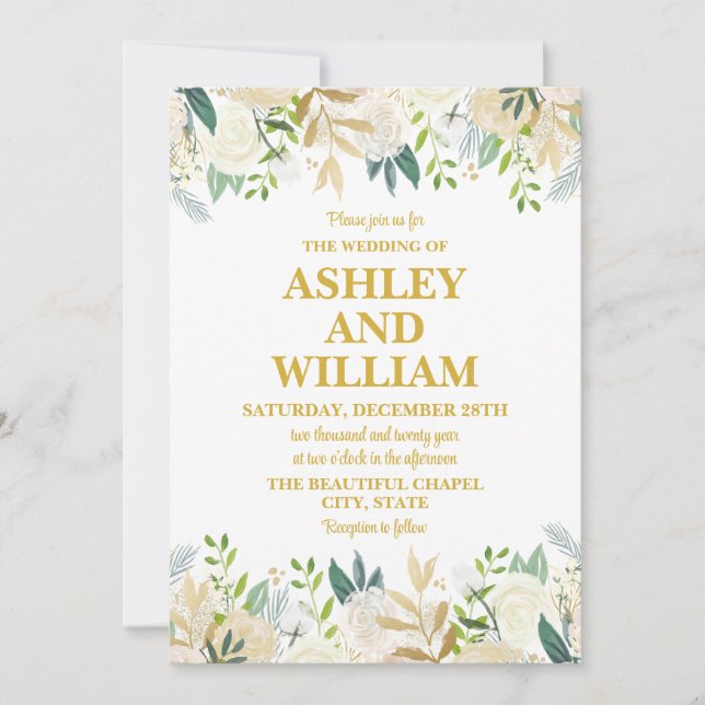 White och Guld Boho Bohemian Chic Greenery Bröllop Inbjudningar (Framsida)