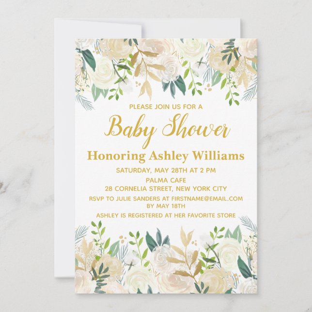 White och Guld Boho botanical Greenery Baby Shower Inbjudningar (Framsida)