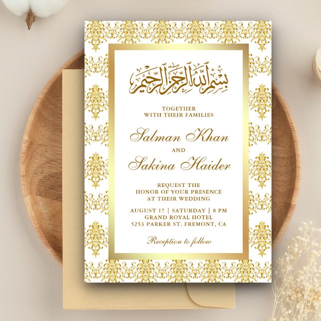 White och Guld Damask Islamic Muslim Bröllop Inbjudningar (Skapare uppladdad)