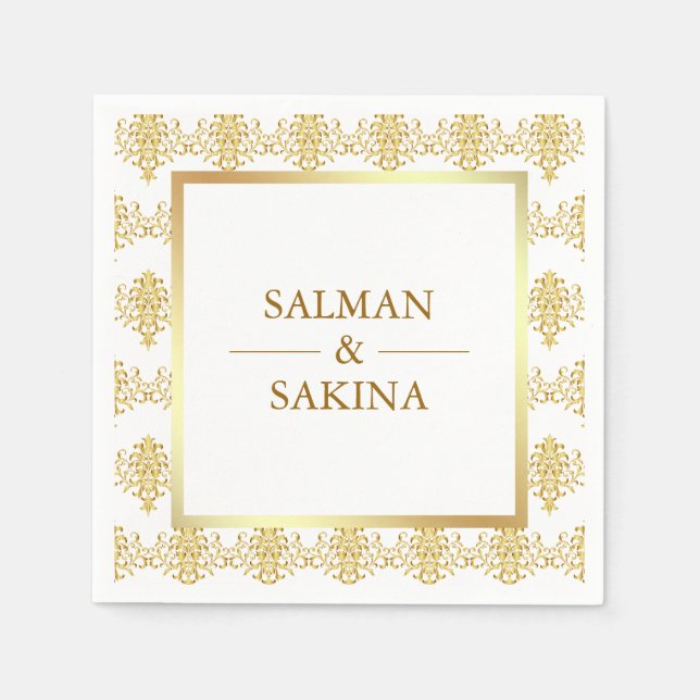 White och Guld Damask Wedding Pappersservett (Framsidan)