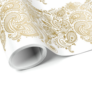 White och Guld Paisley Rand Mönster Presentpapper