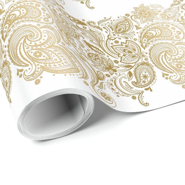 White och Guld Paisley Rand Mönster Presentpapper (Rullad Hörn)