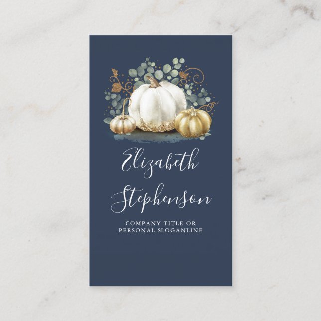 White och Guld Pumpkins Fall Harvest Navy Blue Visitkort (Framsida)