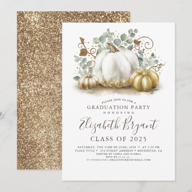 White och Guld Pumpkins Fall Harvest Studenten Inbjudningar (Fram/baksida)