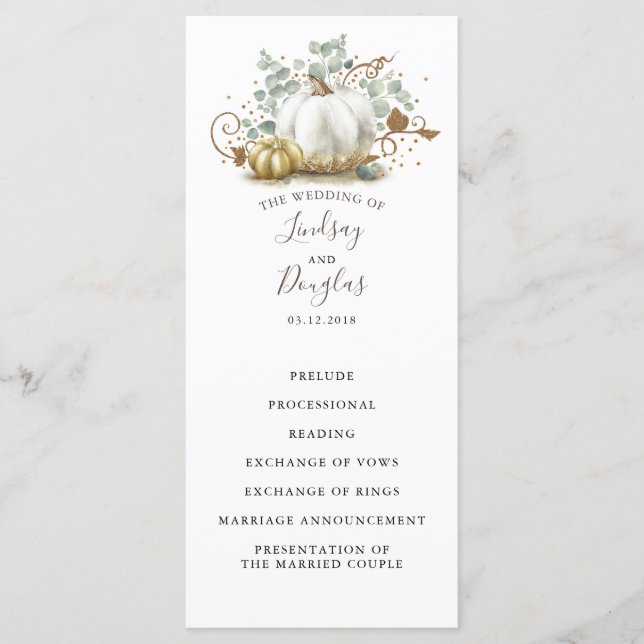 White och Guld Pumpkins Fall Wedding Programs Program (Framsida)