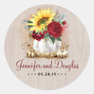 White och Guld Pumpkins Sunblommor Burgundy Fall Runt Klistermärke