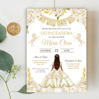 White och Guld Quinceanera Ivory Mis Quince Ro Inbjudningar