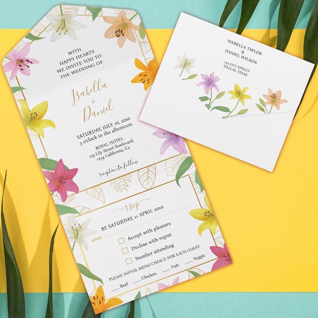 White och Guld Tropical Lily Bröllop (White and Gold Tropical Lily Wedding All In One Invitation)