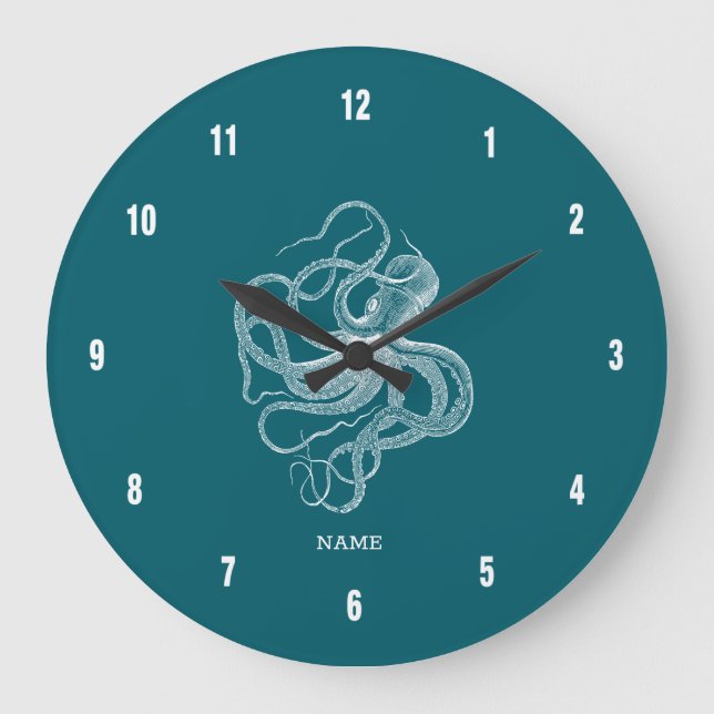White octopus on custom turquoise background monog stor klocka (Framsida)
