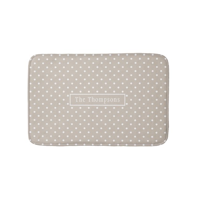 White On Beige Polka Dots Pattern With Custom Name Badrumsmatta (Framsidan)