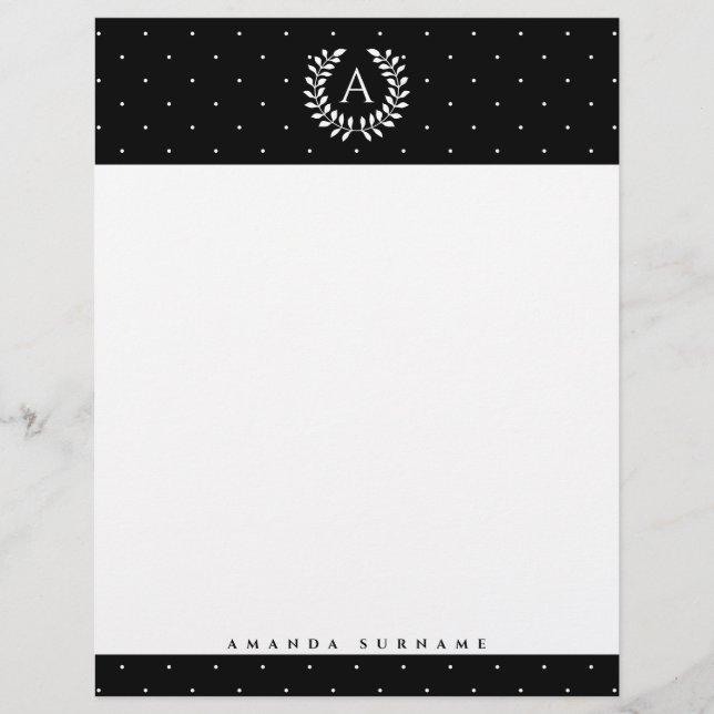 White On Black Laurel Monogram Polka Dot Pattern Brevhuvud (Framsida)