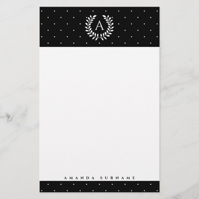White On Black Laurel Monogram Polka Dot Pattern Brevpapper (Framsida)