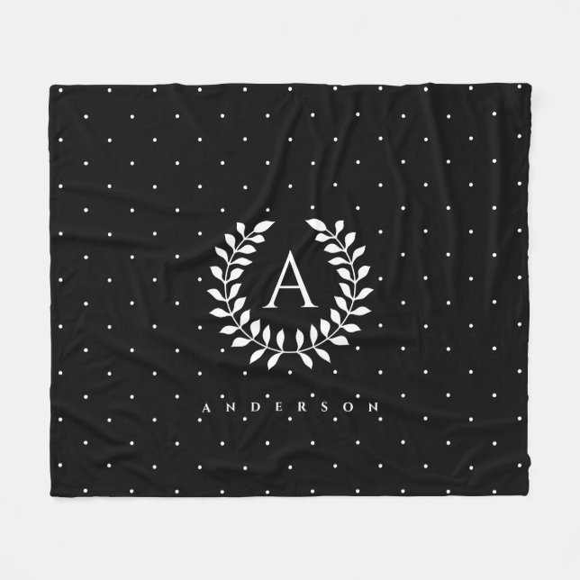 White On Black Laurel Monogram Polka Dot Pattern Fleecefilt (Framsidan (Horisontell))
