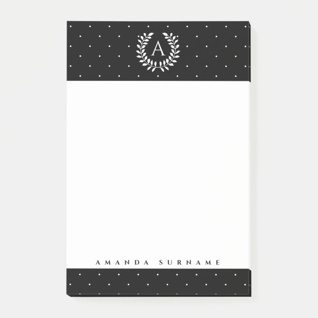 White On Black Laurel Monogram Tiny Polka Dots Post-it Block (Framsida)