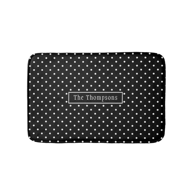 White On Black Polka Dots Pattern With Custom Name Badrumsmatta (Framsidan)