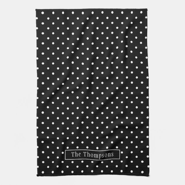 White On Black Polka Dots Pattern With Custom Name Kökshandduk (Vertikal)
