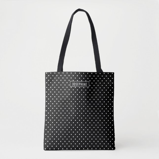 White On Black Polka Dots Pattern With Custom Name Tygkasse (Framsida)