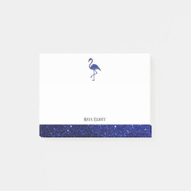 White on Blue Faux Glitter Flamingo & Gräns, Namn Post-it Block (Framsida)