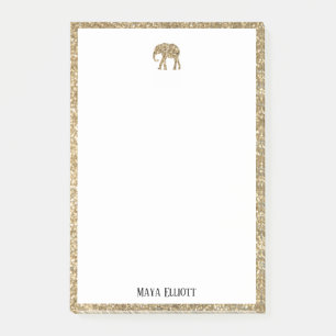 White on Guld Faux Glitter Elephant & Gräns, Namn Post-it Block