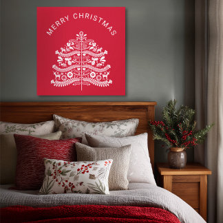 White on Red Scandinavian Nordic Christmas Tree Canvastryck