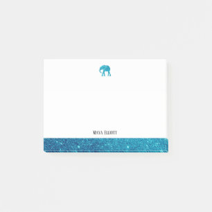 White on Teal Faux Glitter Elephant & Gräns, Namn Post-it Block