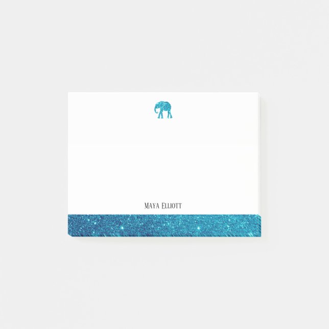 White on Teal Faux Glitter Elephant & Gräns, Namn Post-it Block (Framsida)