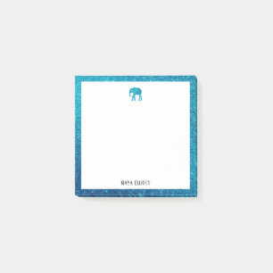 White on Teal Faux Glitter Elephant & Gräns, Namn Post-it Block