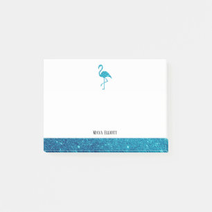 White on Teal Faux Glitter Flamingo & Gräns, Namn Post-it Block