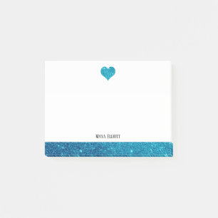 White on Teal Faux Glitter Heart & Gräns, Namn Post-it Block
