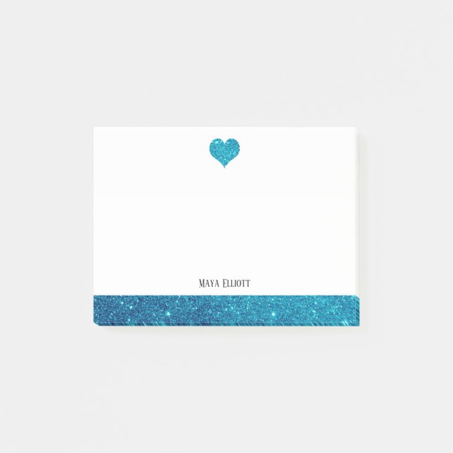 White on Teal Faux Glitter Heart & Gräns, Namn Post-it Block (Framsida)