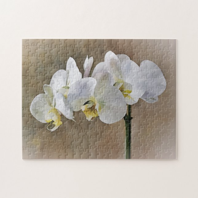 White Orchid Flowers Blommigt Art Puzzle Pussel (Horisontell)