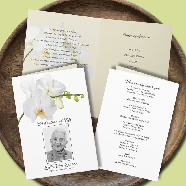 White Orchid Funeral Firande of Life Photo Program (White orchid funeral Celebration of Life photo program, 5" x 7" folded size)