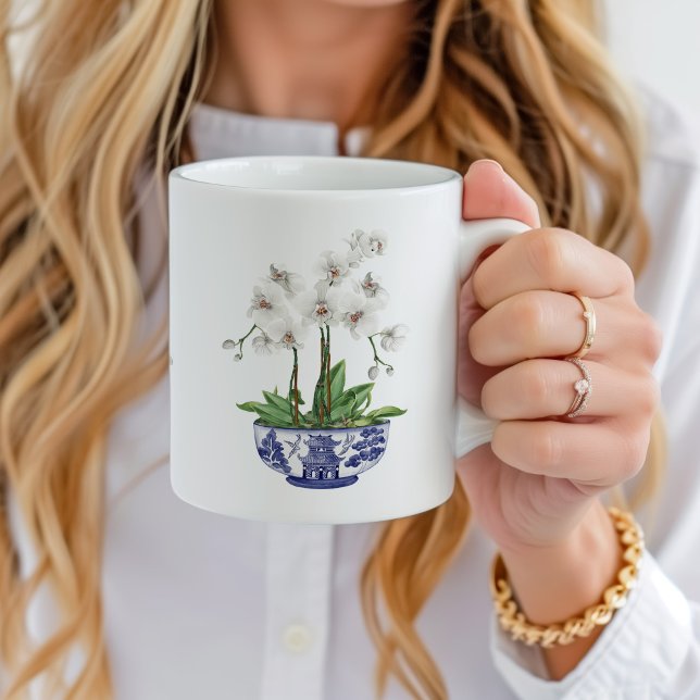 White Orchid in Chinoiserie Bowl Ceramic Kaffemugg (Chinoiserie white orchid in blue and white china mug with custom name)