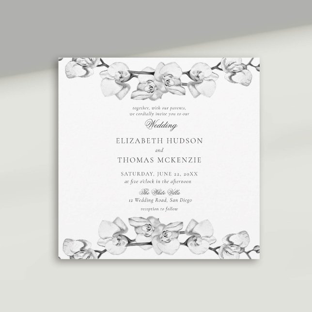 White Orchids Art Sketch Modern Romantic Bröllop Inbjudningar (white orchid wedding invitation modern classic art sketch black white)
