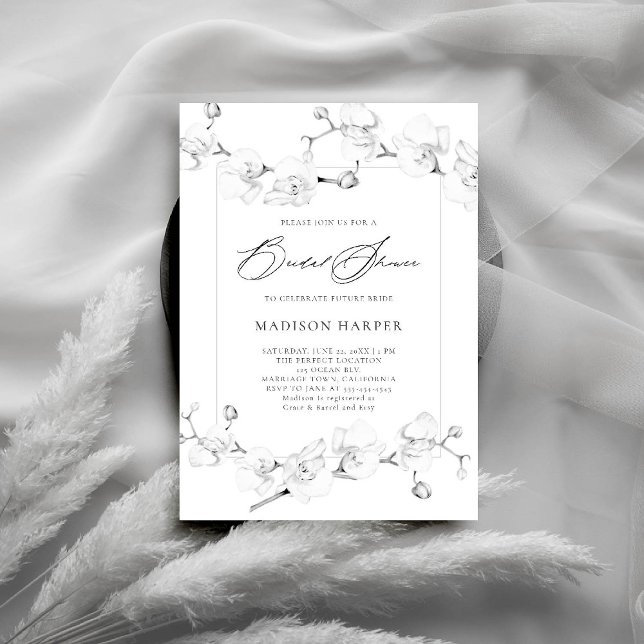 White Orchids Black White Art Modern Möhippa Inbjudningar (orchids bridal shower invitation black and white art floral sketch modern classic formal romantic)