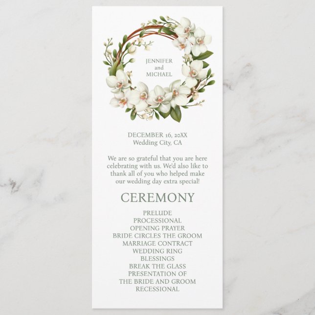 White Orchids Bröllop Ceremony-programmet Program (Framsida)