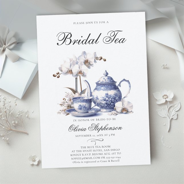 White Orchids Hampton Toile Möhippa Tea Shower Inbjudningar (bridal tea party white orchids french toile hampton style something blue invitation modern elegant)