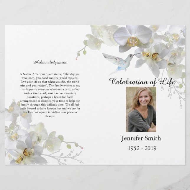 White Orchids Hummingbird Funeral Program (Framsidan)