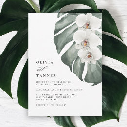 White Orchids på Monstera Tropical Bröllop Inbjudningar