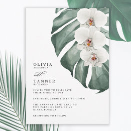 White Orchids på Monstera Tropical Bröllop Inbjudningar