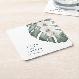 White Orchids på Monstera Tropical Bröllop Underlägg Papper Kvadrat