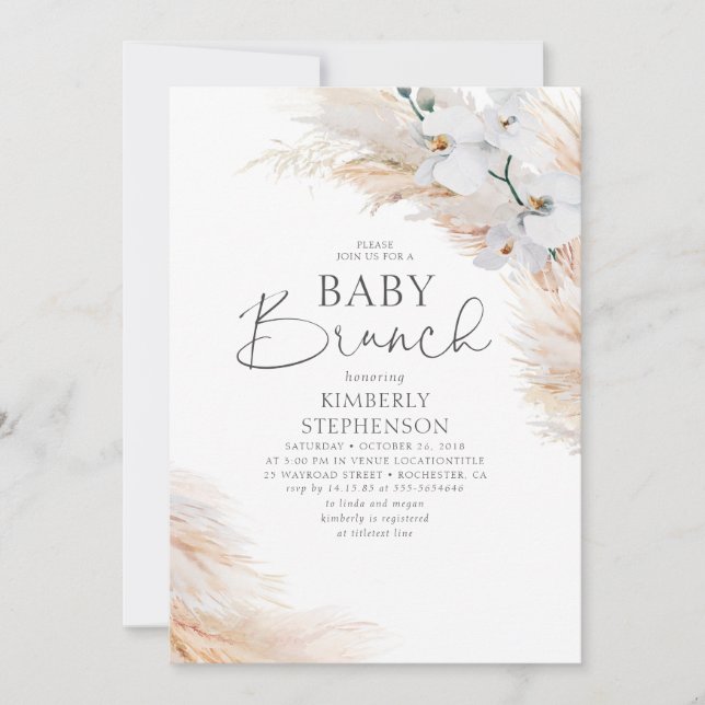 White Orchids Pampas Grass Brunch Baby Shower Inbjudningar (Framsida)